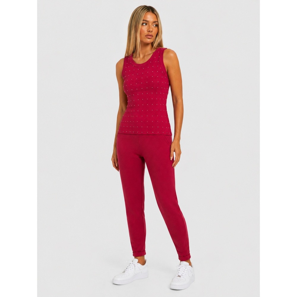 Suzelle Vintage Hot Pink Studded Knit 2 Piece Tank Top Cropped Pant Set S
